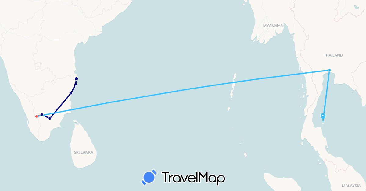 TravelMap itinerary: driving, plane, hiking, boat in India, Thailand (Asia)